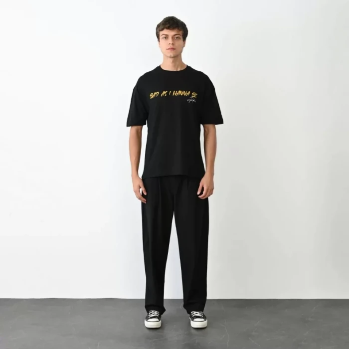 Unisex Bisiklet Yaka Baskılı Oversize T-shirt - Siyah