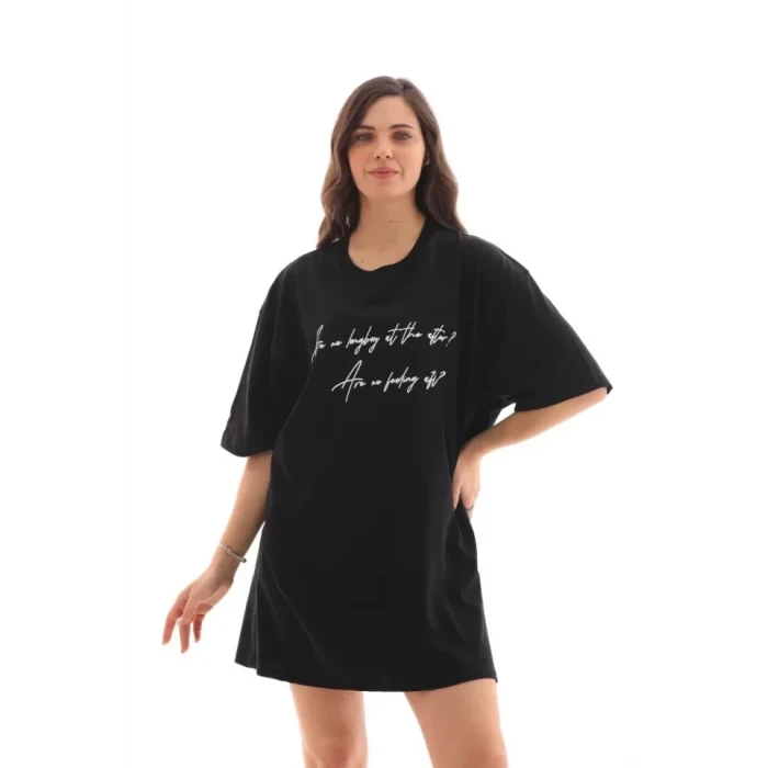 Unisex Bisiklet Yaka Baskılı Oversize T-shirt - Siyah