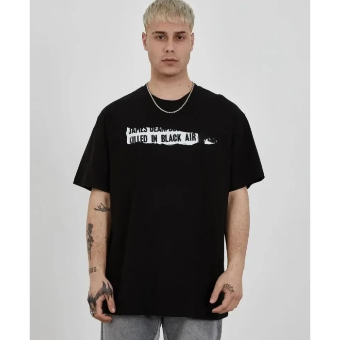 Unisex Bisiklet Yaka Baskılı Oversize T-shirt - Siyah