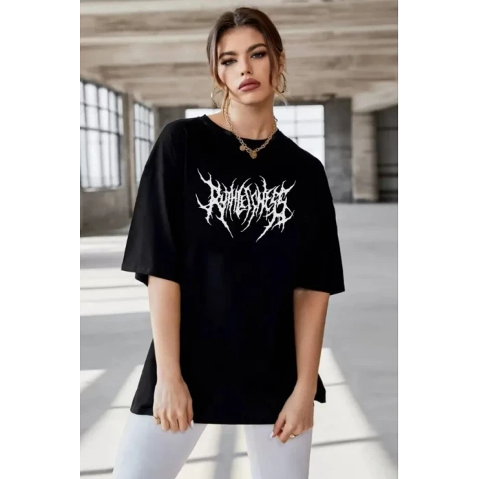 Unisex Bisiklet Yaka Baskılı Oversize T-shirt - Siyah
