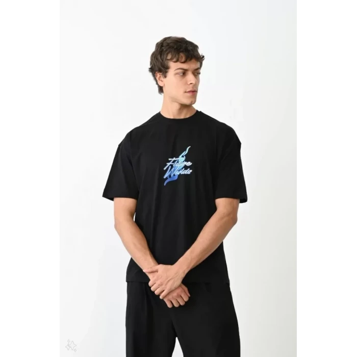 Unisex Bisiklet Yaka Baskılı Oversize T-shirt - Siyah