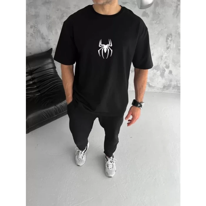 Unisex Bisiklet Yaka Baskılı Oversize T-Shirt - Siyah
