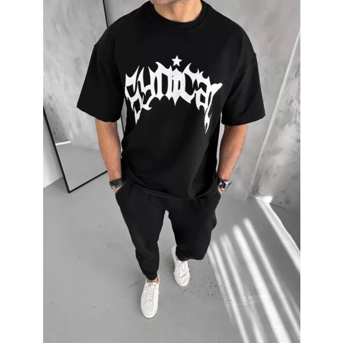 Unisex Bisiklet Yaka Baskılı Oversize T-shirt - Siyah