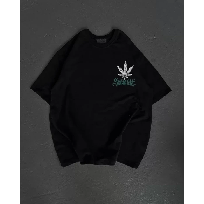 Unisex Bisiklet Yaka Baskılı Oversize T-shirt - Siyah