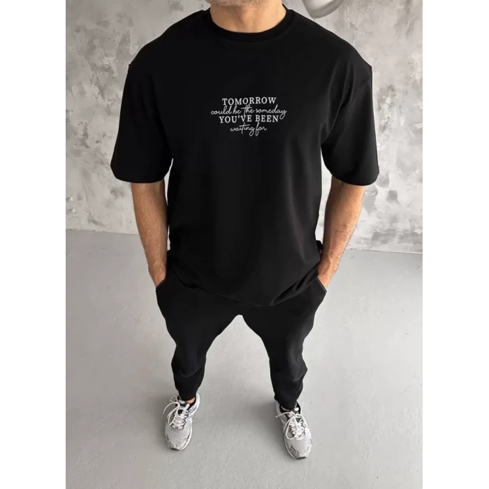 Unisex Bisiklet Yaka Baskılı Oversize T-shirt - Siyah