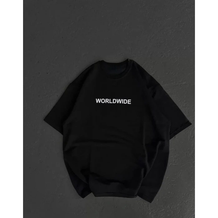 Unisex Bisiklet Yaka Baskılı Oversize T-shirt - Siyah