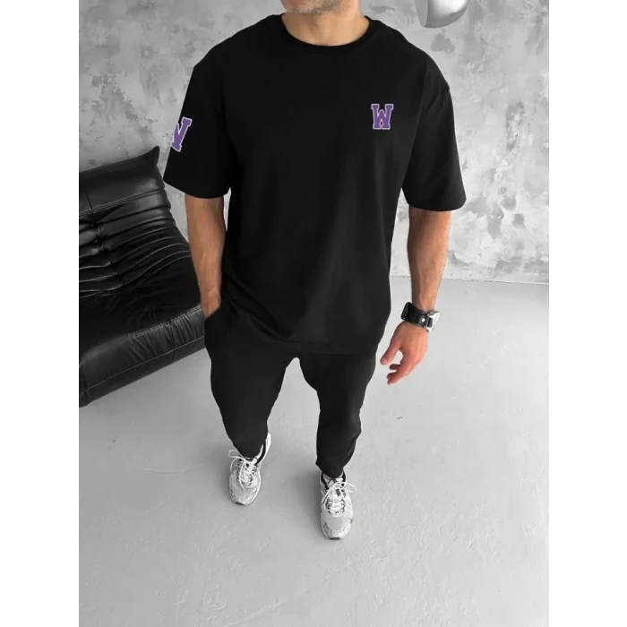 Unisex Bisiklet Yaka Baskılı Oversize T-shirt - Siyah