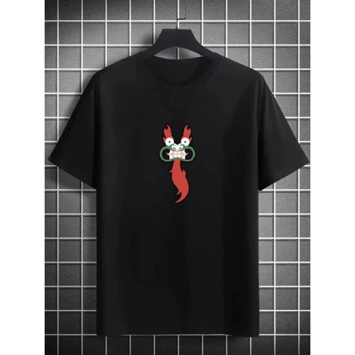 Unisex Bisiklet Yaka Baskılı Oversize T-Shirt - Siyah