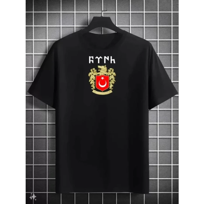 Unisex Bisiklet Yaka Baskılı Oversize T-shirt - Siyah