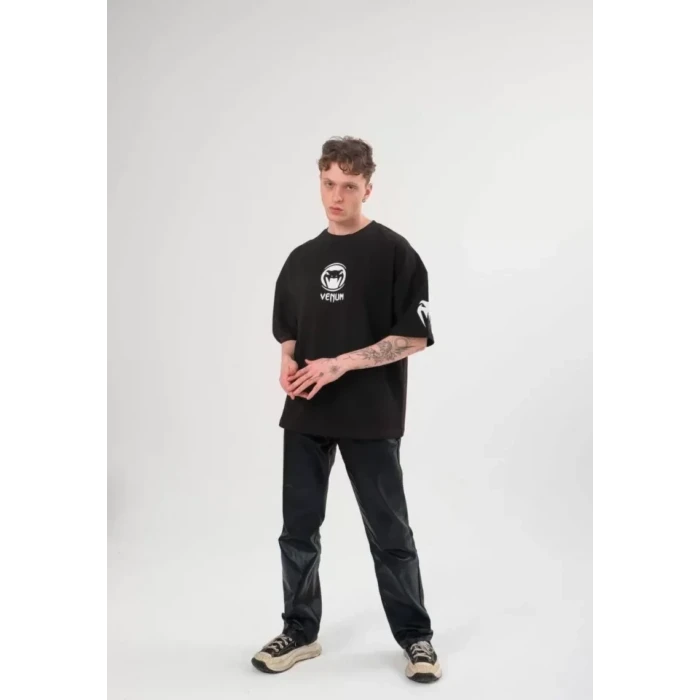 Unisex Bisiklet Yaka Baskılı Oversize T-shirt - Siyah