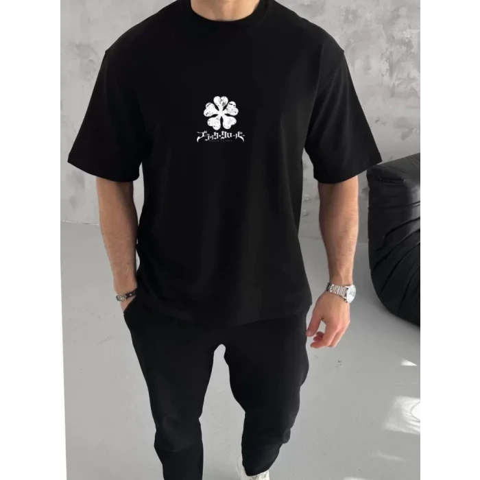 Unisex Bisiklet Yaka Baskılı Oversize T-shirt - Siyah