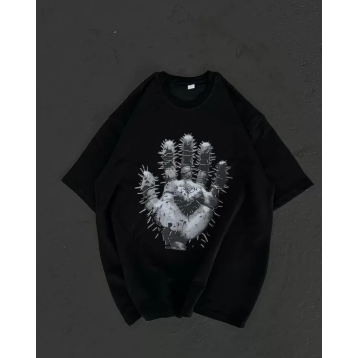 Unisex Bisiklet Yaka Baskılı Oversize T-shirt - Siyah