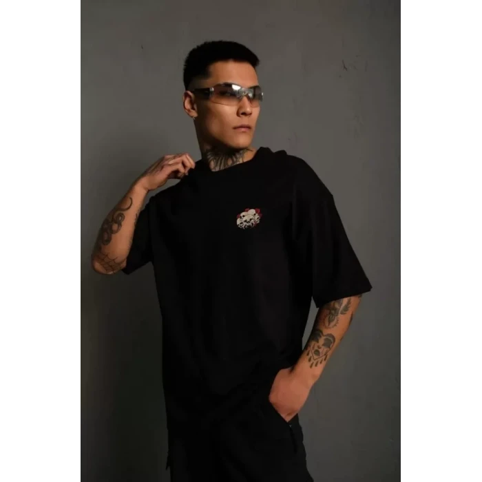 Unisex Bisiklet Yaka Baskılı Oversize T-shirt - Siyah