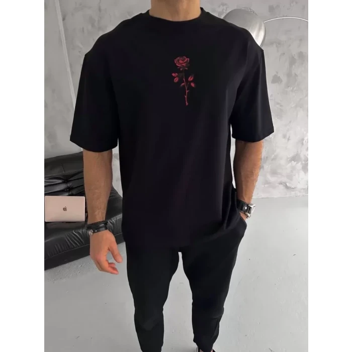 Unisex Bisiklet Yaka Baskılı Oversize T-shirt - Siyah