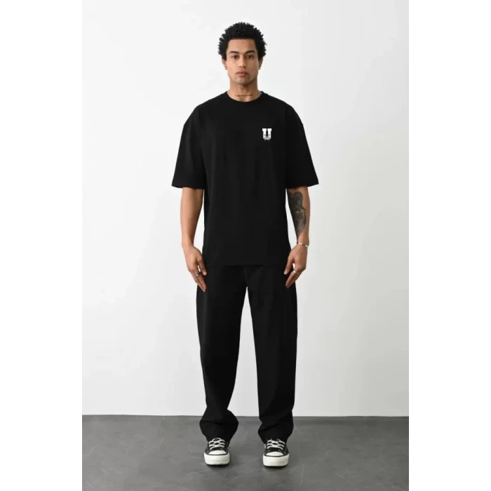 Unisex Bisiklet Yaka Baskılı Oversize T-shirt - Siyah