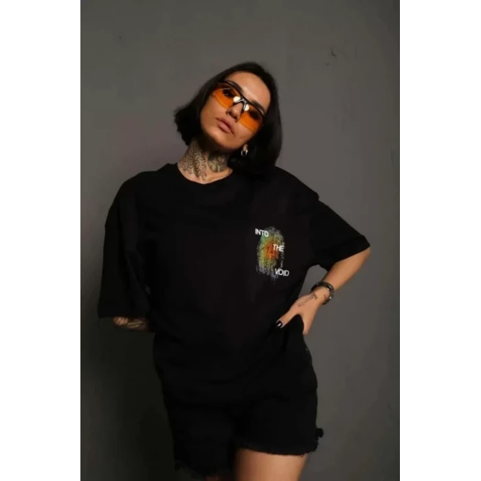 Unisex Bisiklet Yaka Baskılı Oversize T-shirt - Siyah