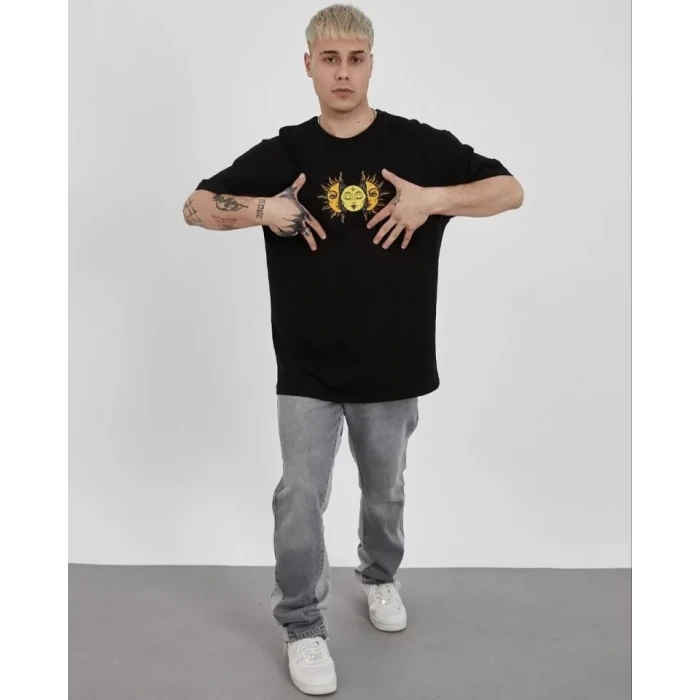 Unisex Bisiklet Yaka Baskılı Oversize T-shirt - Siyah