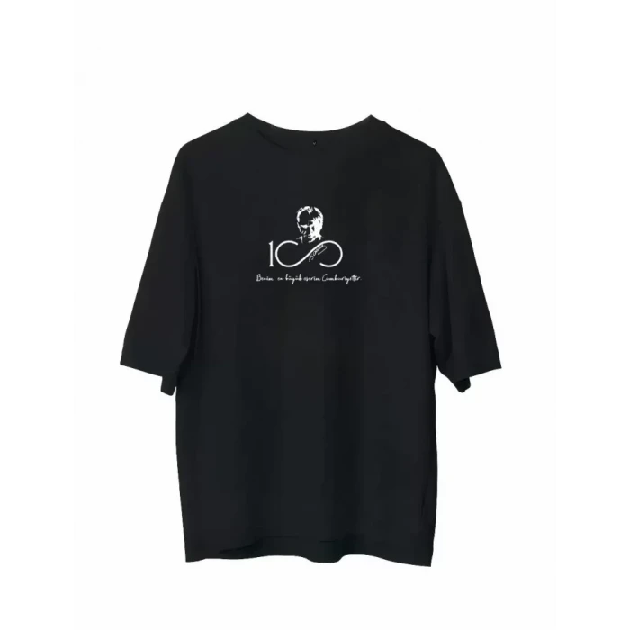 Unisex Bisiklet Yaka Baskılı Oversize T-shirt - Siyah