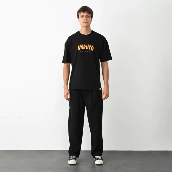 Unisex Bisiklet Yaka Baskılı Oversize T-shirt - Siyah