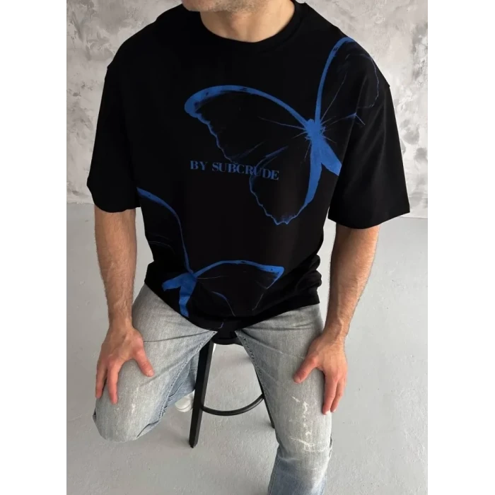 Unisex Bisiklet Yaka Baskılı Oversize T-shirt - Siyah