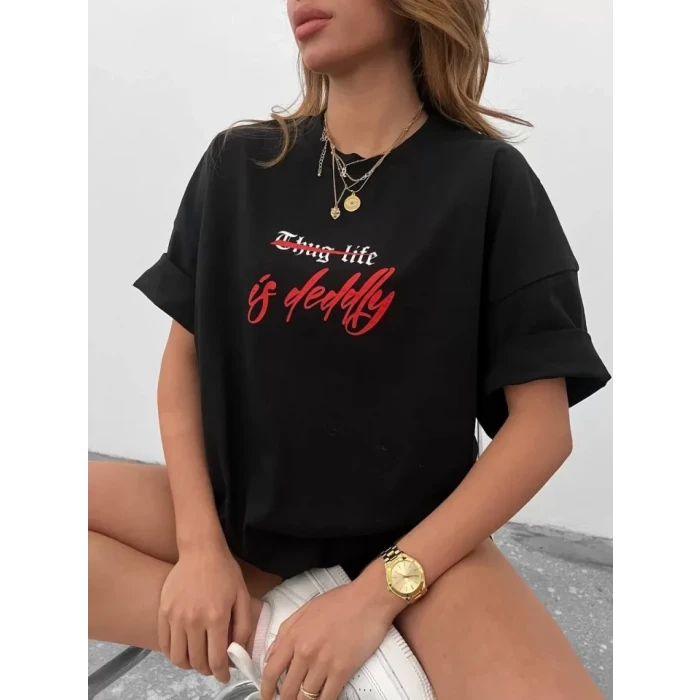 Unisex Bisiklet Yaka Baskılı Oversize T-shirt - Siyah