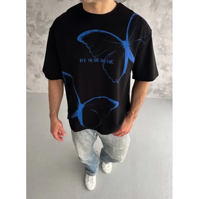 Unisex Bisiklet Yaka Baskılı Oversize T-shirt - Siyah