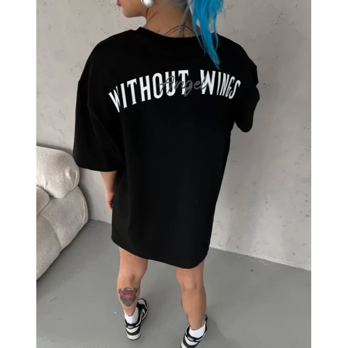 Unisex Bisiklet Yaka Baskılı Oversize T-shirt - Siyah