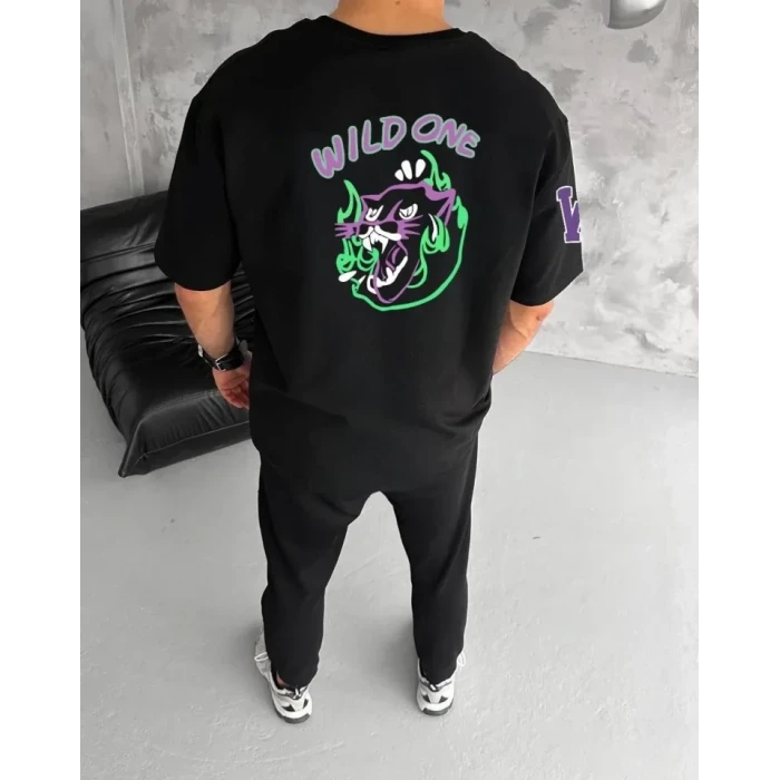 Unisex Bisiklet Yaka Baskılı Oversize T-shirt - Siyah