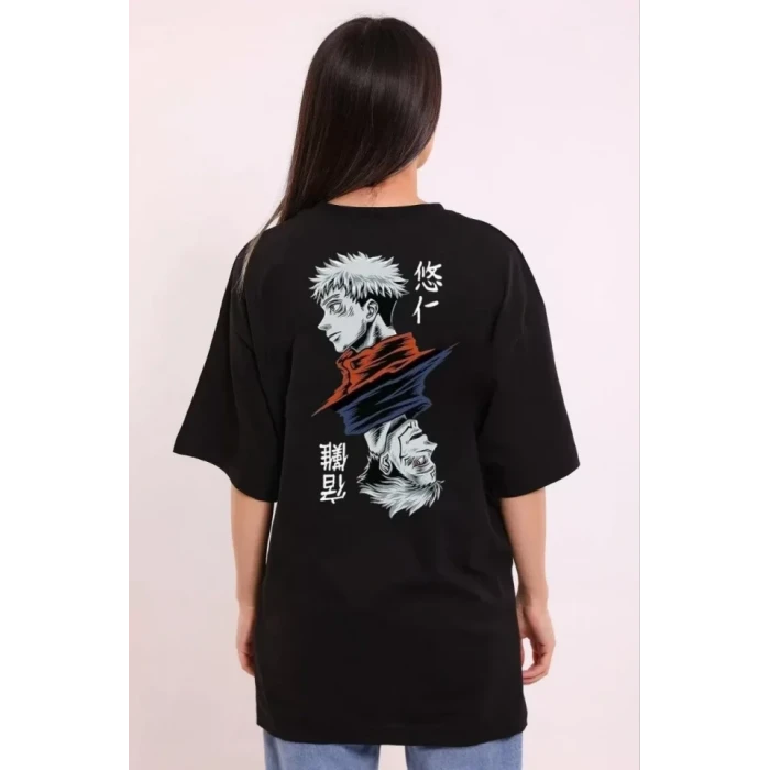 Unisex Bisiklet Yaka Baskılı Oversize T-shirt - Siyah