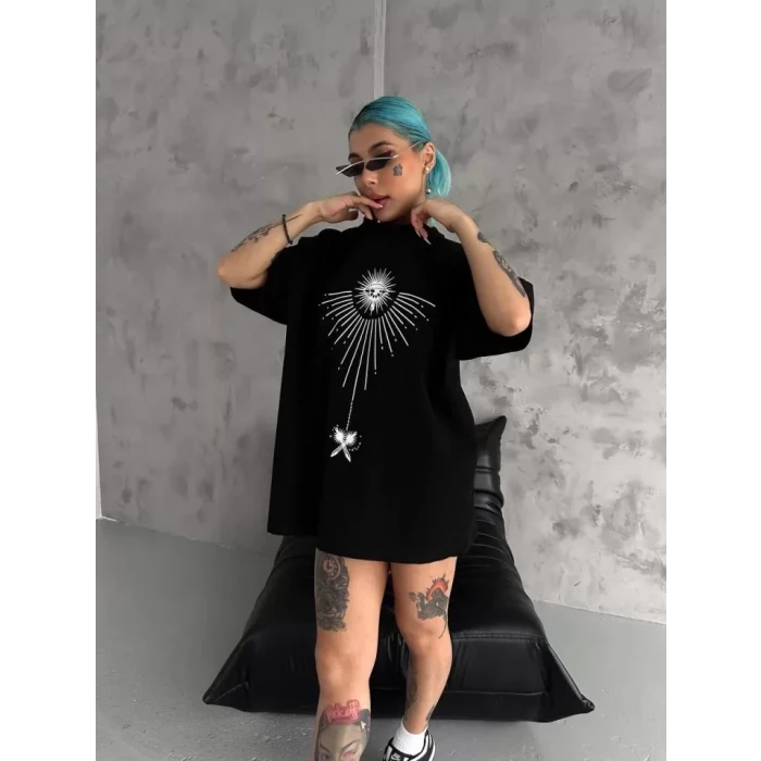 Unisex Bisiklet Yaka Baskılı Oversize T-shirt - Siyah