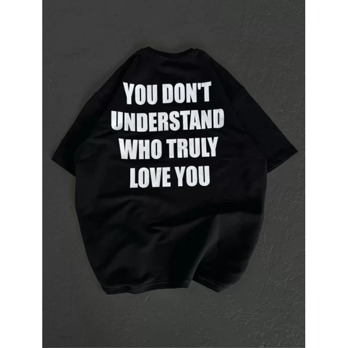 Unisex Bisiklet Yaka Baskılı Oversize T-shirt - Siyah