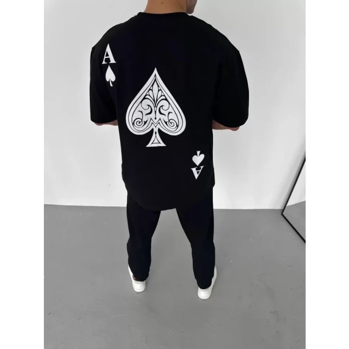 Unisex Bisiklet Yaka Baskılı Oversize T-shirt - Siyah