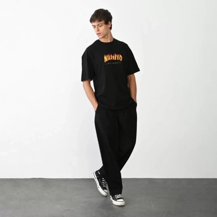 Unisex Bisiklet Yaka Baskılı Oversize T-shirt - Siyah