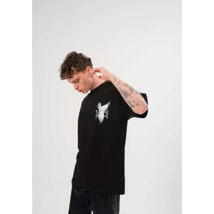 Unisex Bisiklet Yaka Baskılı Oversize T-shirt - Siyah