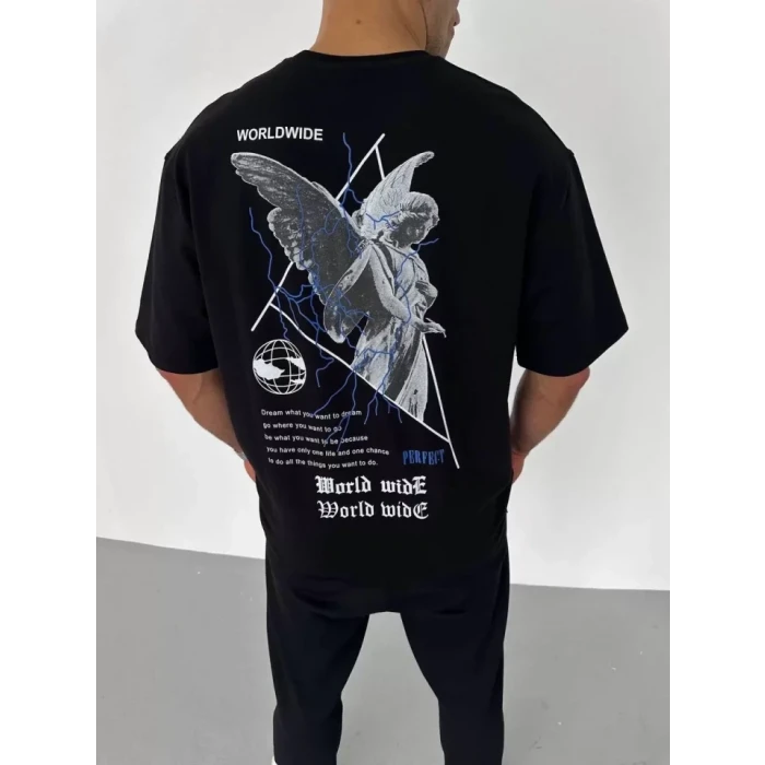 Unisex Bisiklet Yaka Baskılı Oversize T-shirt - Siyah
