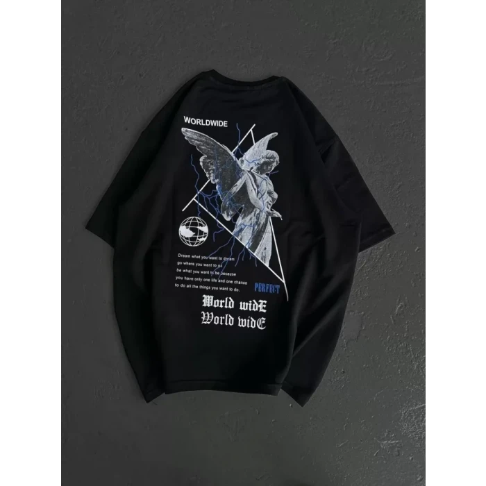 Unisex Bisiklet Yaka Baskılı Oversize T-shirt - Siyah
