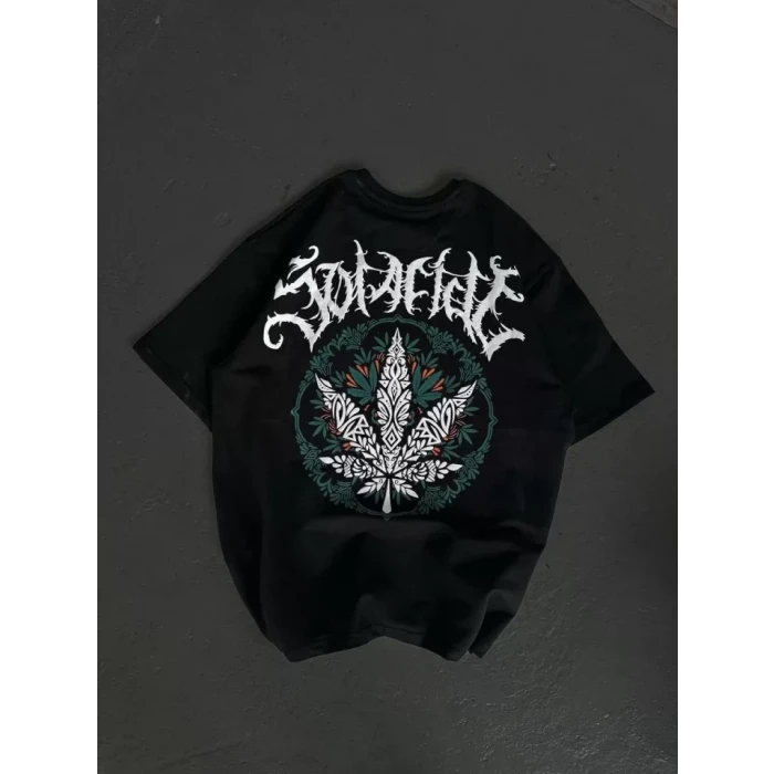 Unisex Bisiklet Yaka Baskılı Oversize T-shirt - Siyah