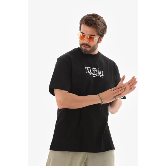 Unisex Bisiklet Yaka Baskılı Oversize T-shirt - Siyah