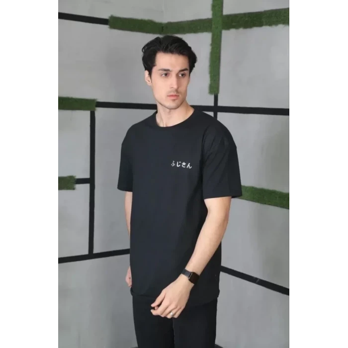 Unisex Bisiklet Yaka Baskılı Oversize T-shirt - Siyah