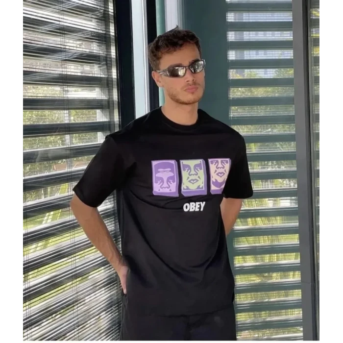 Unisex Bisiklet Yaka Baskılı Oversize T-shirt - Siyah