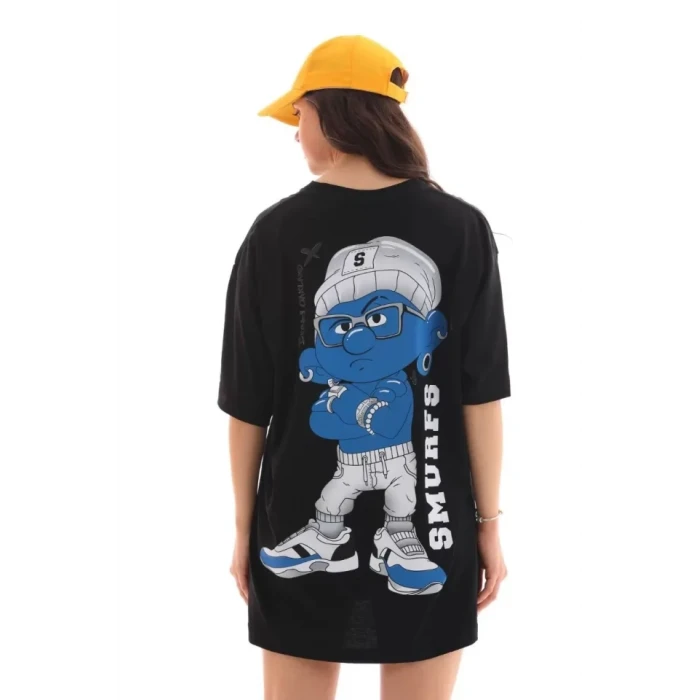 Unisex Bisiklet Yaka Baskılı Oversize T-shirt - Siyah