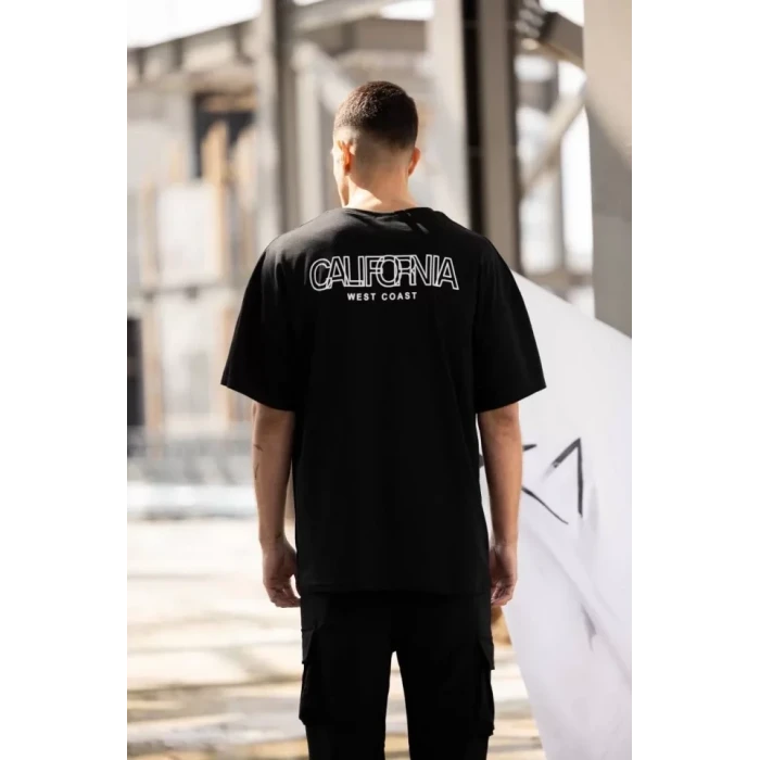 Unisex Bisiklet Yaka Baskılı Oversize T-shirt - Siyah