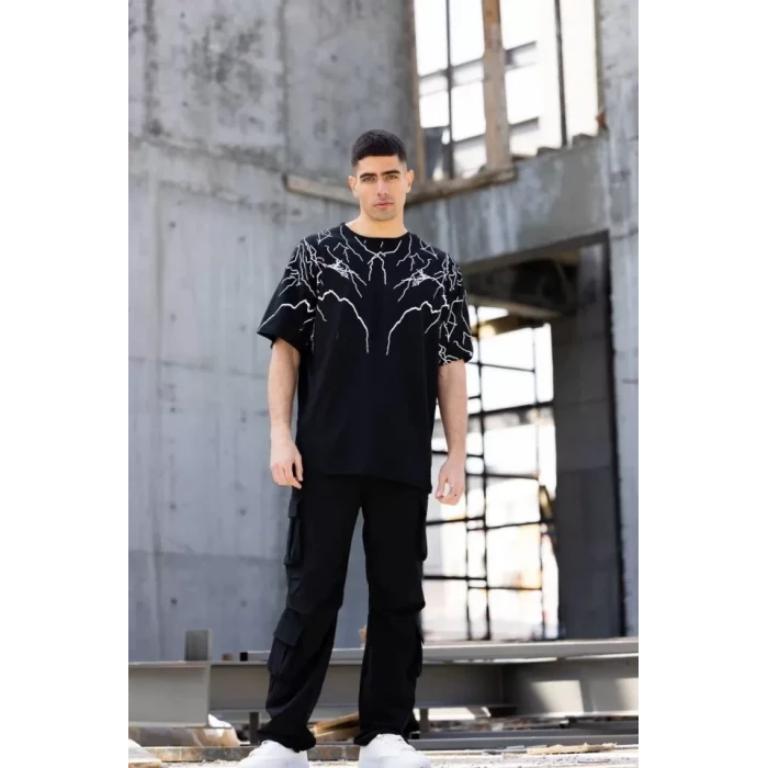 Unisex Bisiklet Yaka Baskılı Oversize T-shirt - Siyah