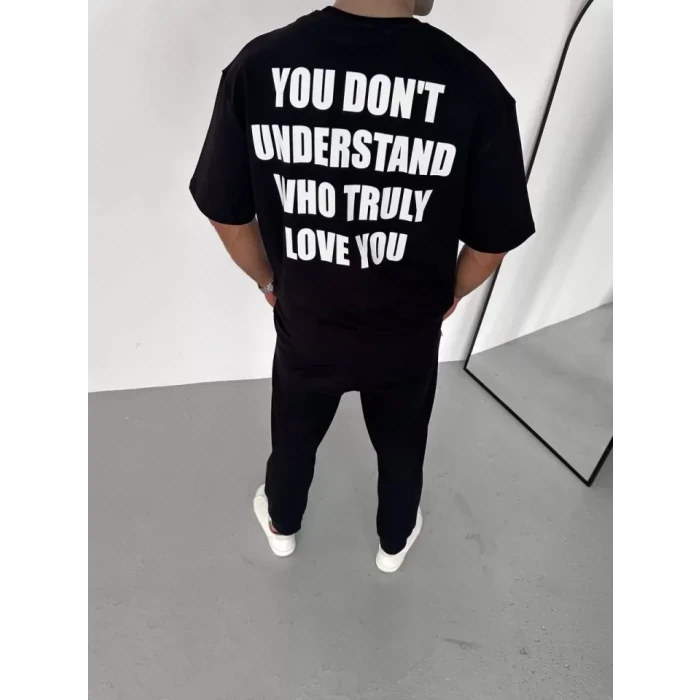 Unisex Bisiklet Yaka Baskılı Oversize T-shirt - Siyah