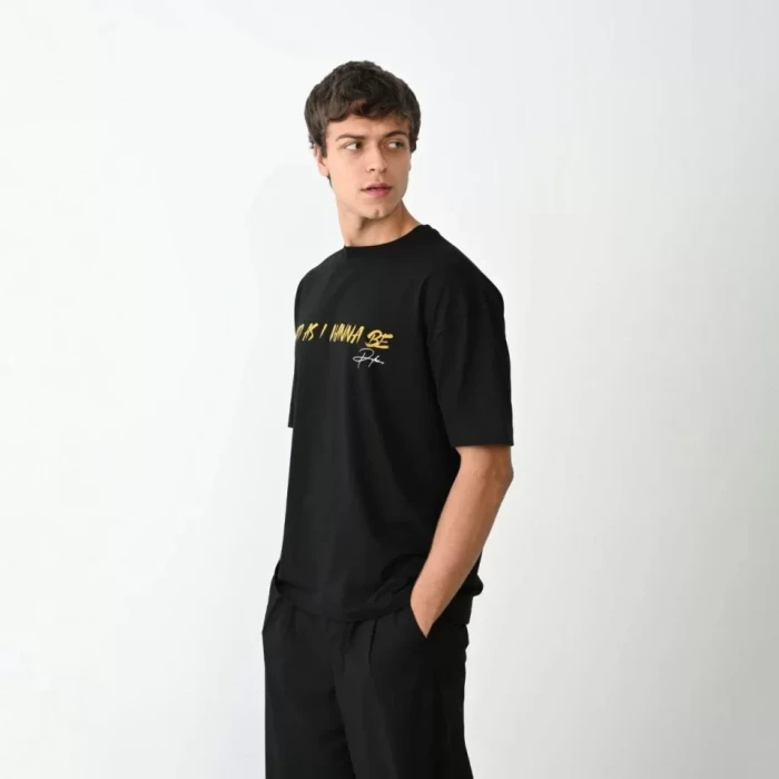 Unisex Bisiklet Yaka Baskılı Oversize T-shirt - Siyah