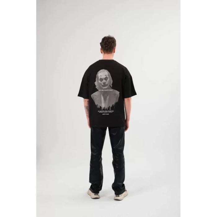 Unisex Bisiklet Yaka Baskılı Oversize T-shirt - Siyah