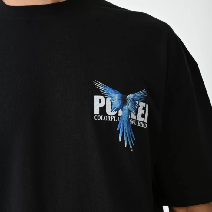 Unisex Bisiklet Yaka Baskılı Oversize T-shirt - Siyah