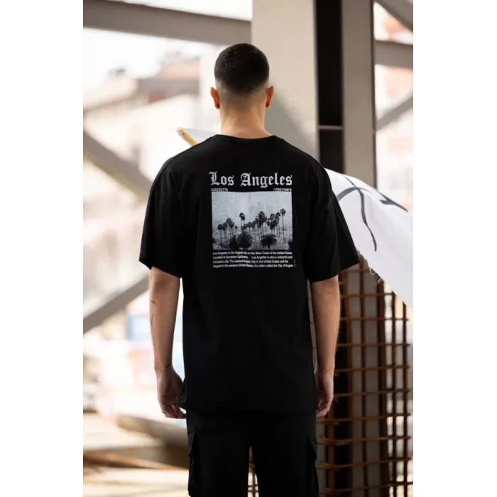 Unisex Bisiklet Yaka Baskılı Oversize T-shirt - Siyah