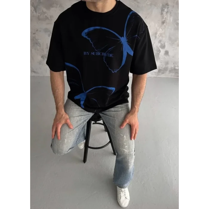 Unisex Bisiklet Yaka Baskılı Oversize T-shirt - Siyah