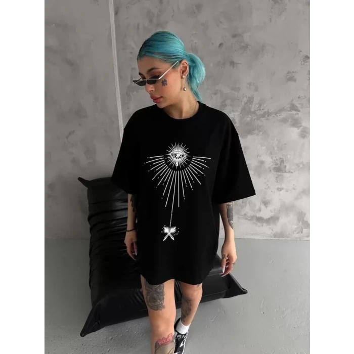 Unisex Bisiklet Yaka Baskılı Oversize T-shirt - Siyah